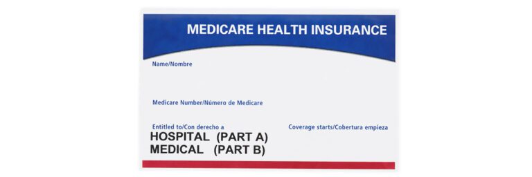 A Medicare Health Insurance card displaying sections for Name, Medicare Number, Part A (Hospital), and Part B (Medical) coverage details.