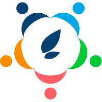 A stylized logo features a central black circle with a blue leaf design, surrounded by outward-facing colored circles: blue, cyan, green, orange, and red.
