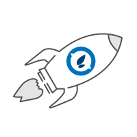 A white rocket ship with a blue circle logo featuring two green leaves, depicted in mid-flight with gray smoke trailing from its engine.